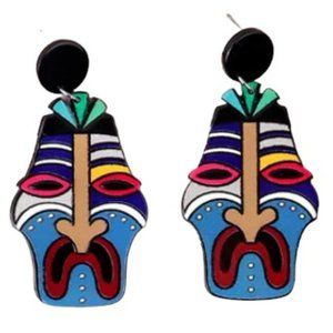 Large Big Colourful Hawaiian Tiki Mask Statement Earrings Multi Coloured